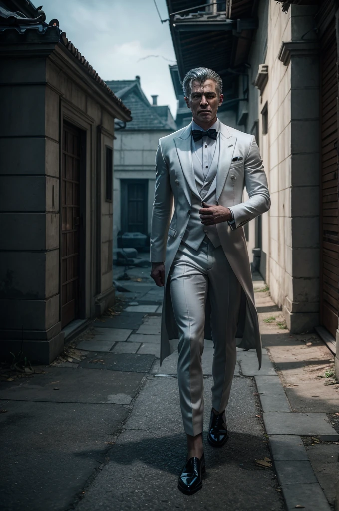 action movie, stormy, a mysterious agent with a white suit and a scar on his face who can disappear from the minimap for a few seconds, a mansion with traps and Free Fire enemies, 16K, tenebrosa