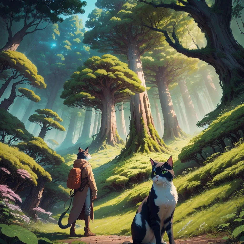 Close-up of a cat standing in front of a tree with insects, Cyril Rolland and Goro Fujita, Rob McNaughton, Wide angle fantasy art, ghibli studio art, epic full color illustration, Beautiful artwork illustration, 3D spectacular illustration, Background artwork, Beneath the Forest of the Outside World, Science fantasy painting, studio ghibli painting, Studio Ghibli and Mumford