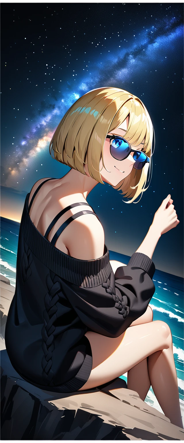 (((a beautiful starry sky, the Milky Way shining beautifully in the night))), ((bare legs)), (((sunglasses, hand to sunglasses))), ((Aran sweater)), ((((from back)))), upper body, ((sitting on the very high cliff)), wavy hair, inward curled hair, sea, beach, ((blond hair, bob cut:1.3)), breasts, teenager, (looking at another), oversized clothes, puffy long sleeves, ((off-shoulder sweater:1.3, Quite thick shoulder straps)), ((black sweater)), collarbone, head tilt:1.3, (((blue eyes))), happy smile, (((anime style))), (best quality, 4K, 8K, highres, masterpiece:1.2, ultra-detailed, ultra-detailed eyes, HDR, uhd, studio lighting, ultra-fine painting, sharp focus, physically-based rendering, extreme detail description, professional, vivid colors, bokeh)