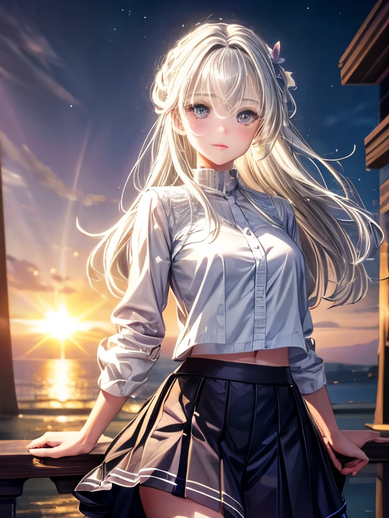 Realist, 8K, 1 girl, Ultra high definition, Gray Hair, Purple Eyes, Bright Eyes, Top cut, skirt, Part your lips, blush, night, Flores, sun, sunlight,