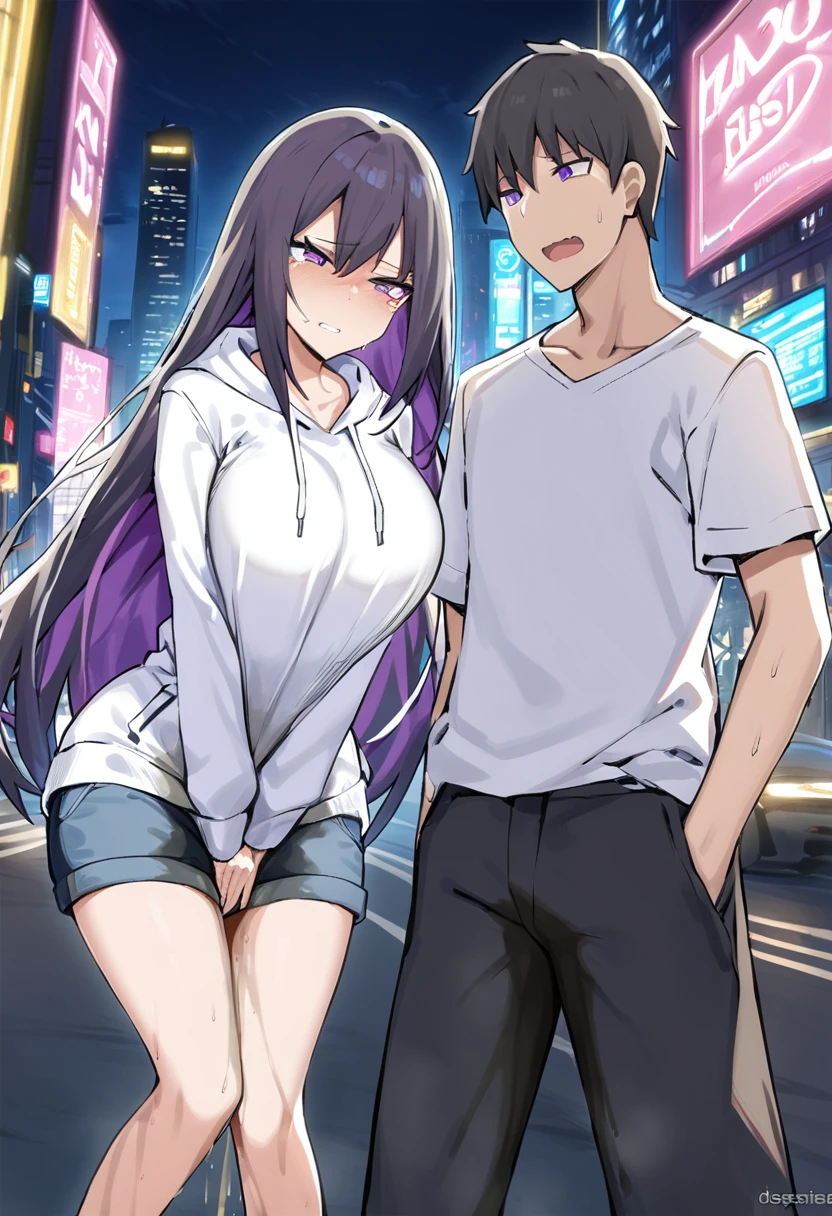 (1girl:1.5), (1boy:1.5), (masterpiece:1.37), best quality, (extremely detailed:1.37), woman, adult, mature, large breasts, (very long hair:1.5), dark purple hair, purple eyes, (extremely detailed eyes:1.37), white hoodie, multicolored hoodie, light blue hoodie, futuristic hoodie, jeans, (desperation:2.0), (wetting: self 3.0), standing, embarrassed, humiliation, blushing, angry, city, futuristic, neon lighting, high-tech, full body