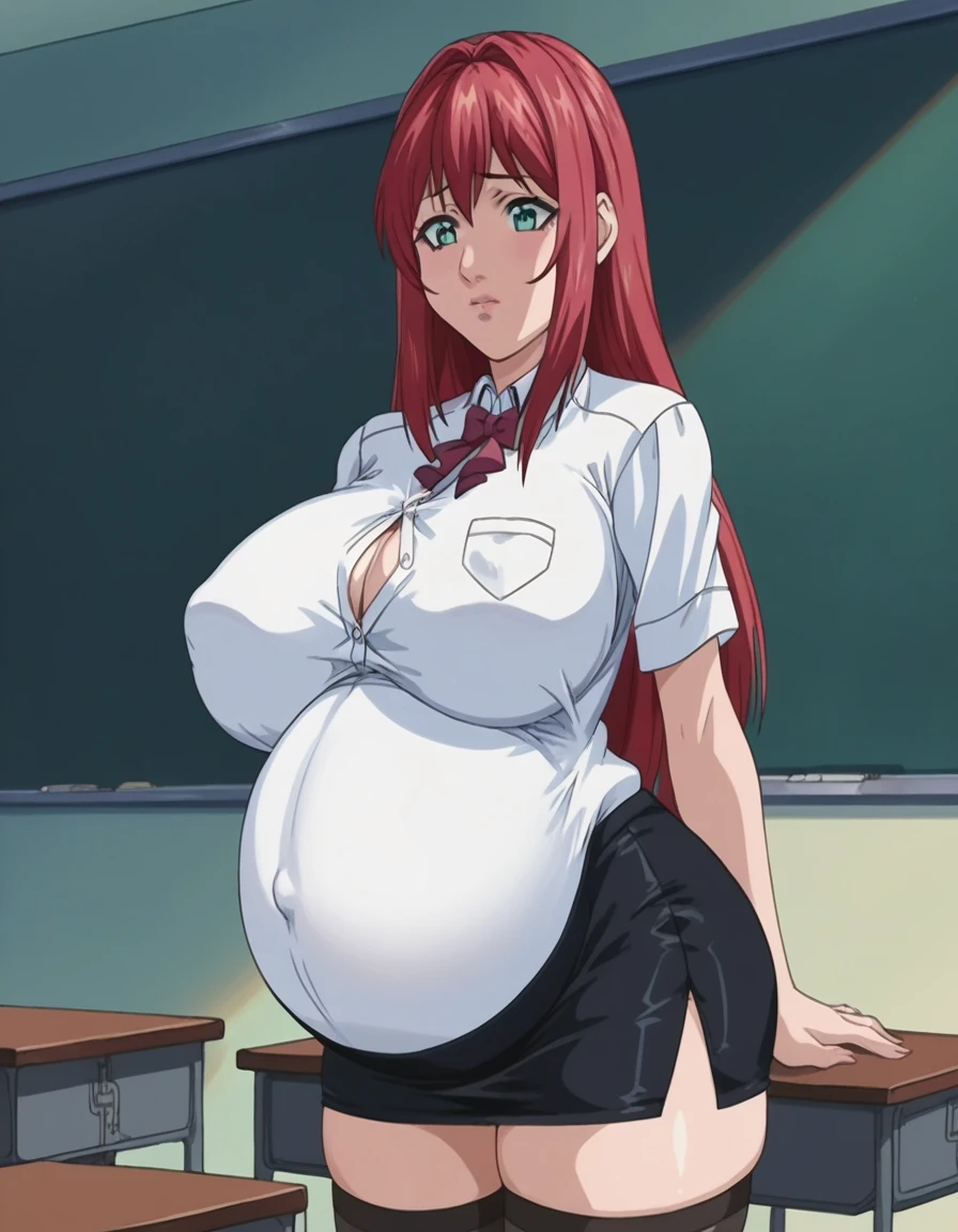 score_9, score_8_up, source_anime Bibl3, solo, 1girl, cute pregnant woman, busty shortstack, red hair, long hair, red pencil skirt, huge breasts, heavy breasts, breast expansion, full lips, vivid lips, wide hips, thick thighs, pregnant belly, huge belly, nylon stockings, viewed from front, teaching class, classroom, chalkboard, nervous, innocent expression, belly focus, looking away, raised eyebrows, detailed eyes, detailed face, pretty woman, morning