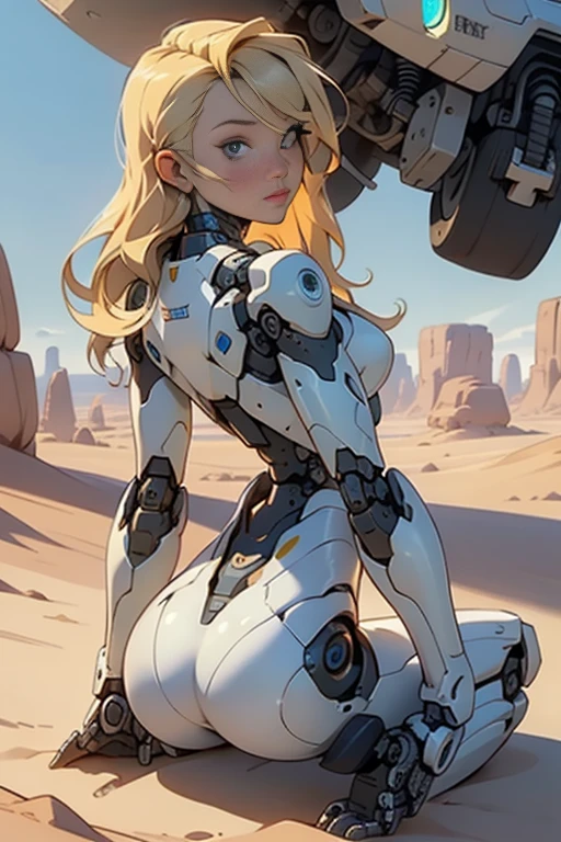 high quality, 4k, masterpiece, beautiful, cyborg girl, cowboy shot, dull eyes, kneeling down, view from backside, rear view, turning around to look at viewer, long blonde hair, girl, small breasts, fit thigh, robotic arms, robotic body, cyborg body, yellow accent, redaccent, intricate detail, joint, detailed lines, robotic detail, holding fist up, holding hand up as fist, color robotic parts, robotic parts with color, perfect fingers, on a desert planet, sunny background, colorful desert,