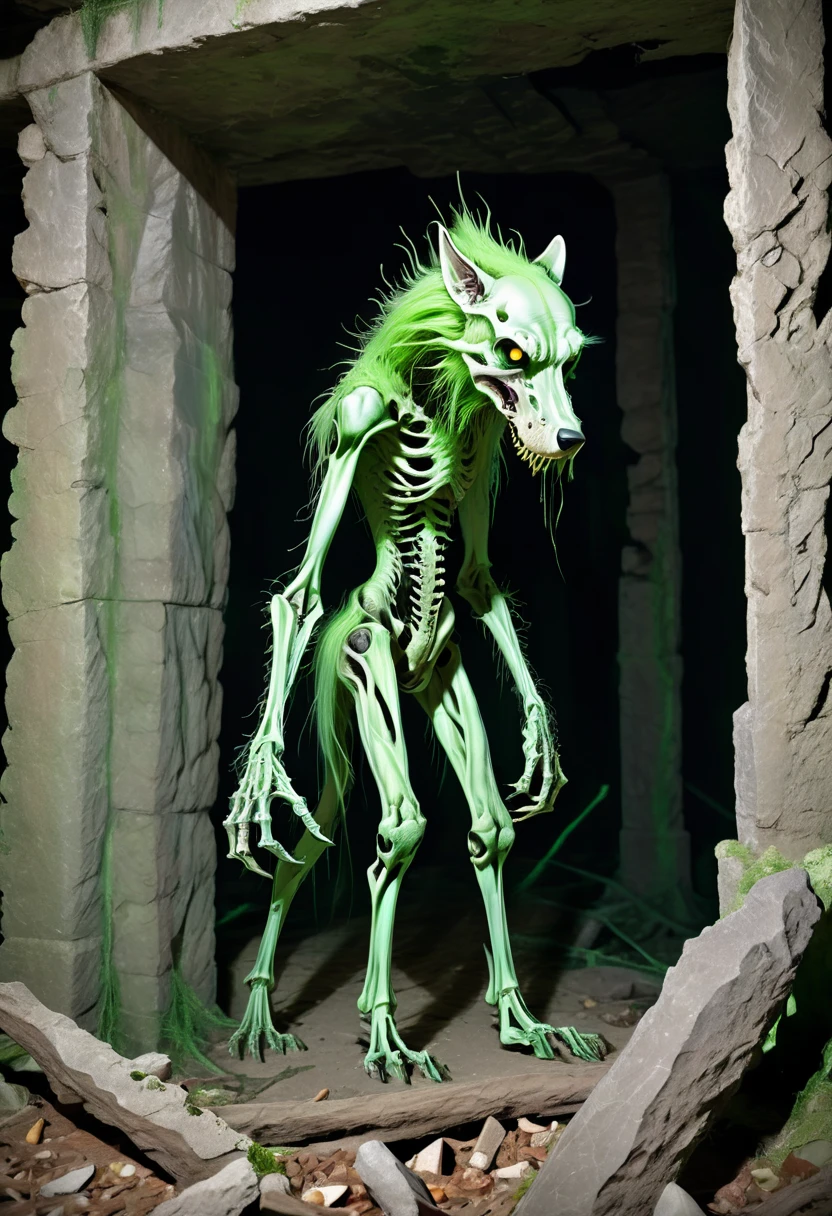 A creepy cryptid inhabiting abandoned, decaying ruins. It has the gaunt, elongated body of a large canine, with patches of mangy fur and exposed, skeletal structures. Its eyes are hollow, glowing with an eerie green light, and it has a mouth filled with jagged, uneven teeth. The creature moves with a ghostly grace, its long limbs making no sound as it navigates the rubble. Its tail is long and whip-like, used to sense vibrations in its surroundings. The creature’s skin is covered in fungal growths, giving it a sickly, decayed appearance, and it emits a faint, unearthly howl that chills anyone who hears it.