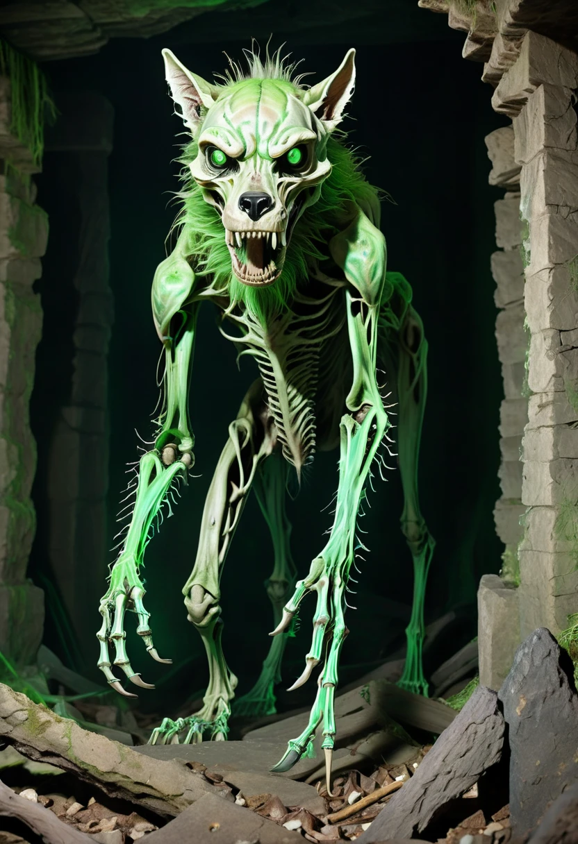 A creepy cryptid inhabiting abandoned, decaying ruins. It has the gaunt, elongated body of a large canine, with patches of mangy fur and exposed, skeletal structures. Its eyes are hollow, glowing with an eerie green light, and it has a mouth filled with jagged, uneven teeth. The creature moves with a ghostly grace, its long limbs making no sound as it navigates the rubble. Its tail is long and whip-like, used to sense vibrations in its surroundings. The creature’s skin is covered in fungal growths, giving it a sickly, decayed appearance, and it emits a faint, unearthly howl that chills anyone who hears it.