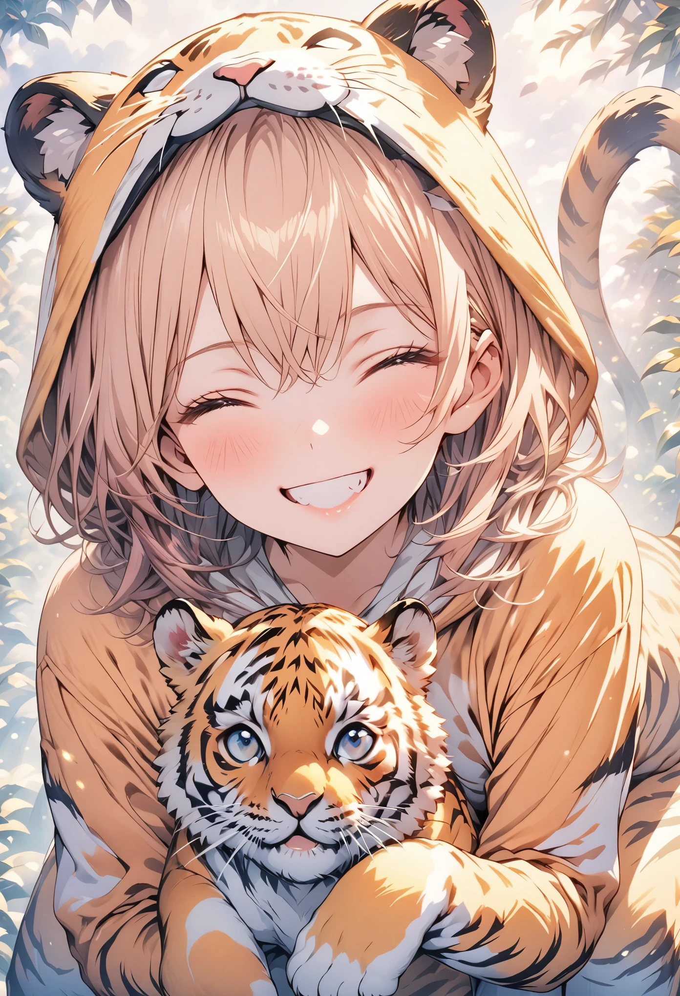 masterpiece, best quality, extremely detailed CG unity 8k wallpaper, Anime illustration of a  wearing a tiger costume. I have a small stuffed tiger. Her eyes are closed and her mouth is open, smiling. The background is a pastel colored tiger pattern.