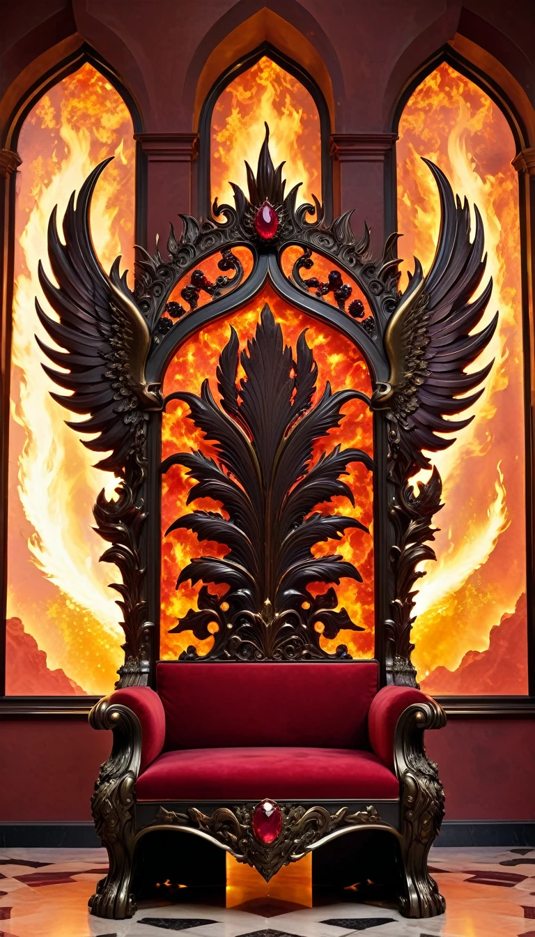 A fiery throne that radiates warmth and power. The frame is made of bronze, shaped like roaring flames. The backrest is adorned with rubies and garnets, creating a blazing effect. The armrests are sculpted to resemble phoenix wings. The throne is situated in a grand hall with walls of glowing magma, lava flows, and a fiery sky visible through towering windows.