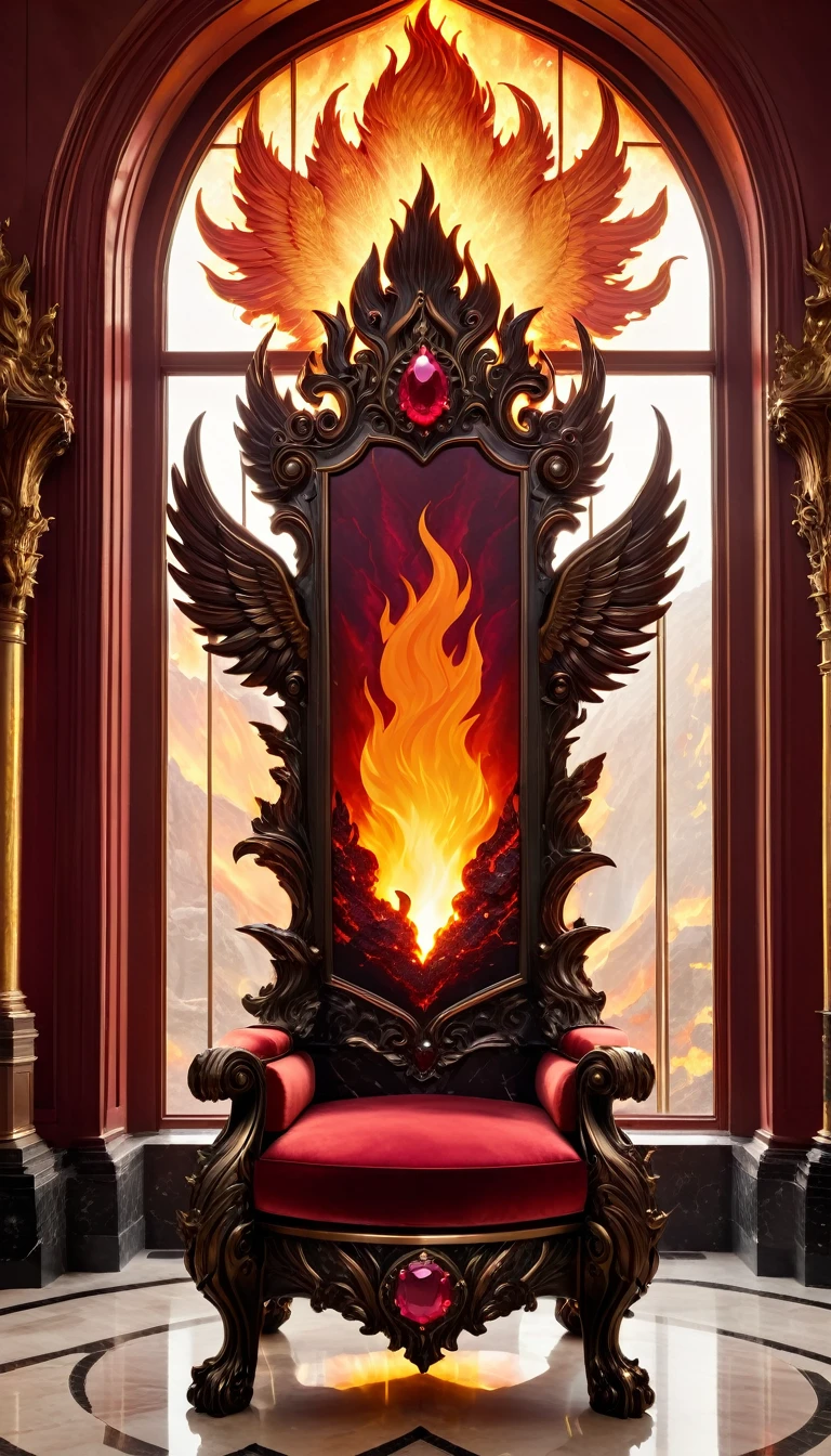 A fiery throne that radiates warmth and power. The frame is made of bronze, shaped like roaring flames. The backrest is adorned with rubies and garnets, creating a blazing effect. The armrests are sculpted to resemble phoenix wings. The throne is situated in a grand hall with walls of glowing magma, lava flows, and a fiery sky visible through towering windows.