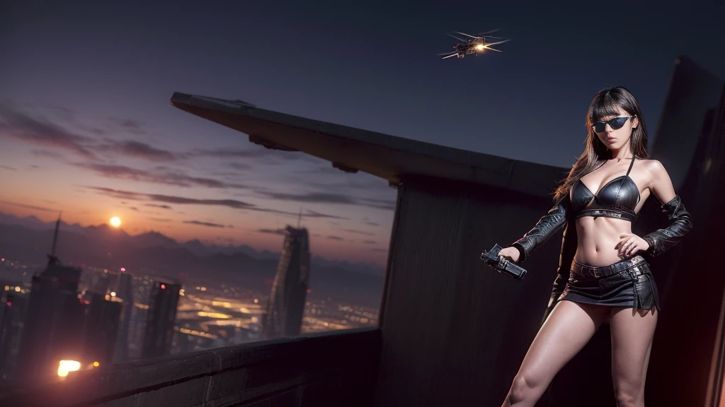 (((At night, ((very dark sunset sky)), (((1girl, solo))), a western woman, photo realistic, large-breast:1.2 slim body, cleavage, off tube top, short pleated miniskirt, standing on rooftop, (matrix style black sunglasses), (((aiming towards viewer with a short:0.8 pistol))), half-body thigh level medium:1.2 shot))). In the background, simple aerial view of a sci-fi futuristic city, (((flying vehicle speeding towards viewer))).