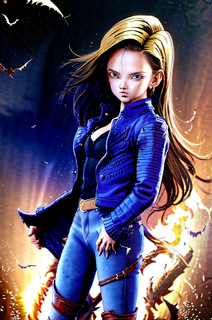 Masterpiece artwork, high qualiy, 1 girl, standing alone, long hair, (hair between the eyes), (hair fluttering in the wind), blue Eyes, Big Breasts:1.6, bat wings, disappointed face, (Embroidered sweater, cropped flare jeans, leather blazer)