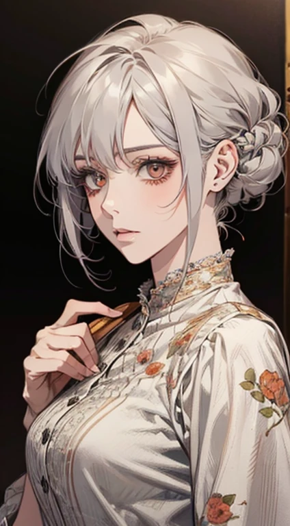 A painting of a woman with gray hair and an orange blouse, Awesome anime face portrait, beautiful character painting, cute anime portrait, her image is rendered with red ink, presenting an impressive effect. The painting is very detailed, depicting female faces and clothing. Your face has a creamy dripping effect, which makes the whole face more vivid. She wears a beautiful, detailed outfit with light gray hair.. The proportions are accurate, and the female characters' costumes are traditionally dressed, showing a classic charm.