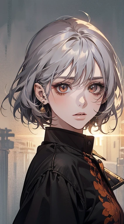A painting of a woman with gray hair and an orange blouse, Awesome anime face portrait, beautiful character painting, cute anime portrait, her image is rendered with red ink, presenting an impressive effect. The painting is very detailed, depicting female faces and clothing. Your face has a creamy dripping effect, which makes the whole face more vivid. She wears a beautiful, detailed outfit with light gray hair.. The proportions are accurate, and the female characters' costumes are traditionally dressed, showing a classic charm.