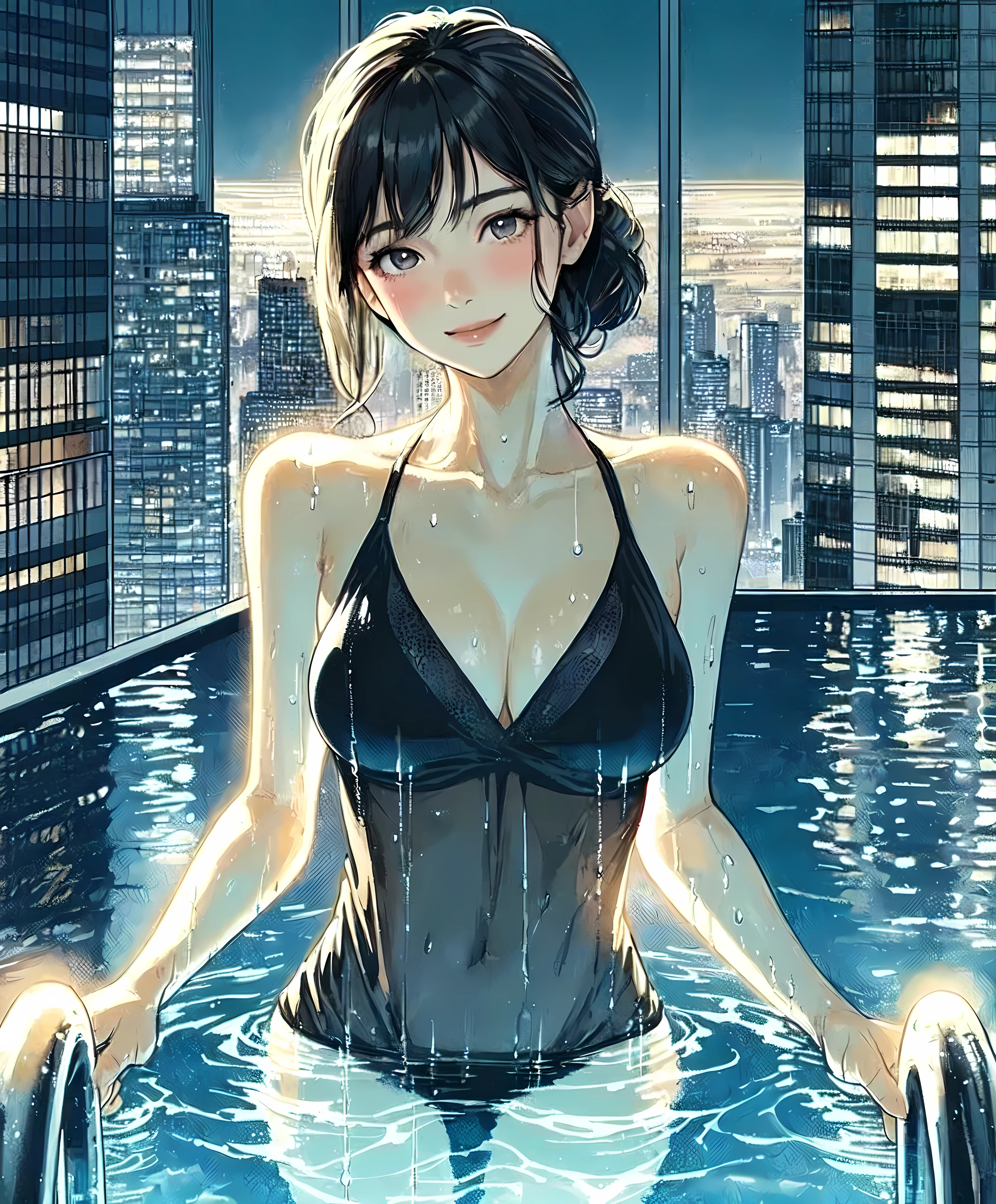 1lady solo, standing in pool, (fashionable swimsuit) stylish, (mature female:0.8), /(black hair/) bangs, blush kind smile, (masterpiece best quality:1.2) delicate illustration ultra-detailed, large breasts, (upper body above water surface) BREAK ((water surface) reflecting soft glow), riffle ripple BREAK (moody night pool) outdoors, (pool on the rooftop of high-rise building), night, cityscape, detailed background