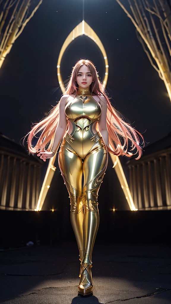 ((best quality)), ((masterpiece)), (ultra detailed lights), ((full body:1.3)), ((skinny body)), 1girl, extremely beautiful, ((slim body)), thighs gap, ultra face details, 20 years old, ((pink curvy-hair)), ((hair blown by strong winds :1.3)), Awards-winning photography, ((symmetrical pose)), ((full body golden armor)), posing in the middle, intricate details, ((thight golden armour)), ((extremely details armor)), ((tight latex pants)), ((full thighs golden armor)), ((24k-gold armor)), ((edge luminous armor)), cameltoe, shining aura, backlights, epic lights reflections, at Parthenon, full of stars, orange clouds, nebula sky, aurora borealis, shooting stars, ((from below))