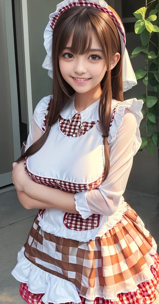 Very beautiful cute girl like an angel,14,
Beautiful attention to detail, 
Fine double eyelids,
(Big eyes:1.4),
Long, straight brown hair, 
See-through bangs,
Sharp focus,Small, straight nose,
Beautiful and exquisite face and eyes, 
Droopy eyes,
(Soft saturation: 1.3), (Fair skin: 1.2),break  (Red gingham maid costume :1.5),
(Clothing with highly reflective surfaces:1.5), walking,
Costume lighting,
On the street ,((Very large breasts bigger than a face)), 
(Brown Hair:1.3),(Gingham maid costume:1.5), (smile:1.4)