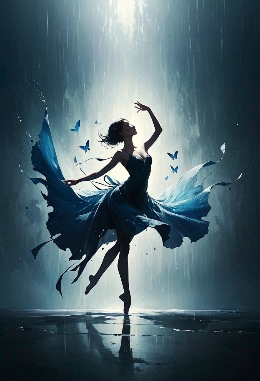 ,The soul dancer dancing alone in the rain，Barefoot，Loose and worn clothes，Professional ballet movements，Fingertips 1 butterfly，Very contagious，Splash，Light and Shadow，Minimalism，artistic conception，Clean background