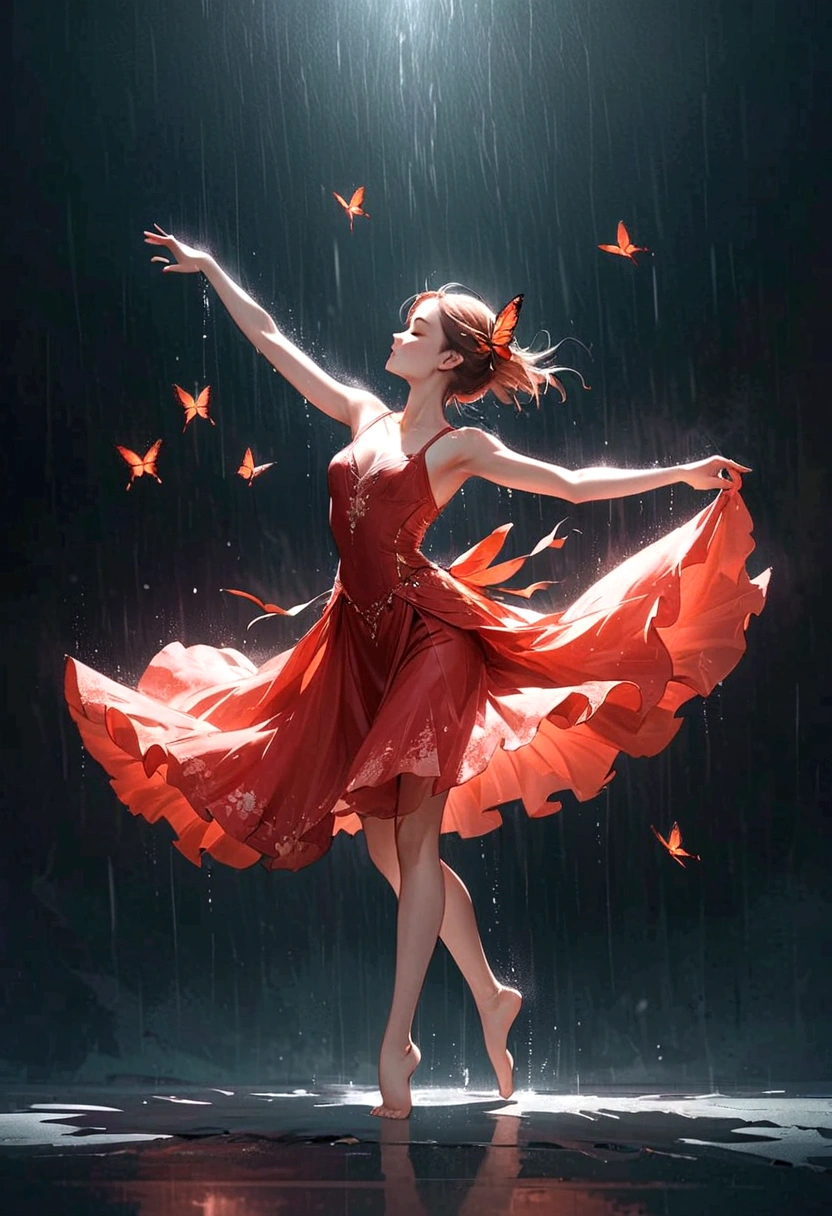 ,The soul dancer dancing alone in the rain，Barefoot，Loose and worn clothes，Professional ballet movements，Fingertips 1 butterfly，Very contagious，Splash，Light and Shadow，Minimalism，artistic conception，Clean background