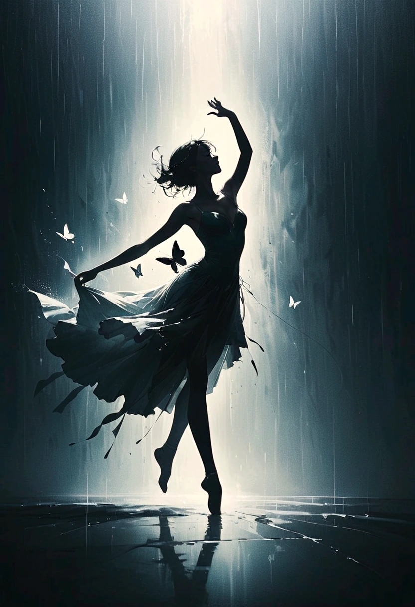 ,The soul dancer dancing alone in the rain,Barefoot,Loose and worn clothes,Professional ballet movements,Fingertips 1 butterfly,Very contagious,Splash,Light and Shadow,Minimalism,artistic conception,Clean background