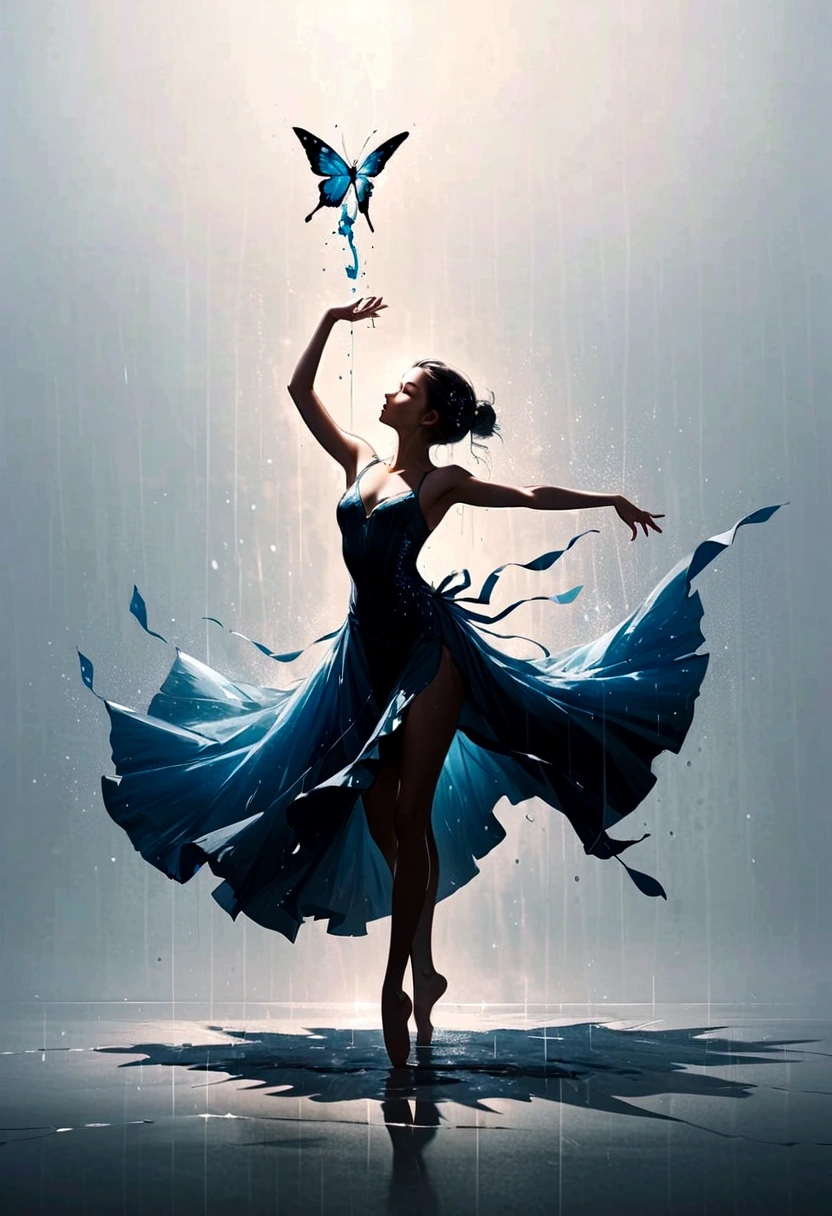 ,The soul dancer dancing alone in the rain，Barefoot，Loose and worn clothes，Professional ballet movements，Fingertips 1 butterfly，Very contagious，Splash，Light and Shadow，Minimalism，artistic conception，Clean background