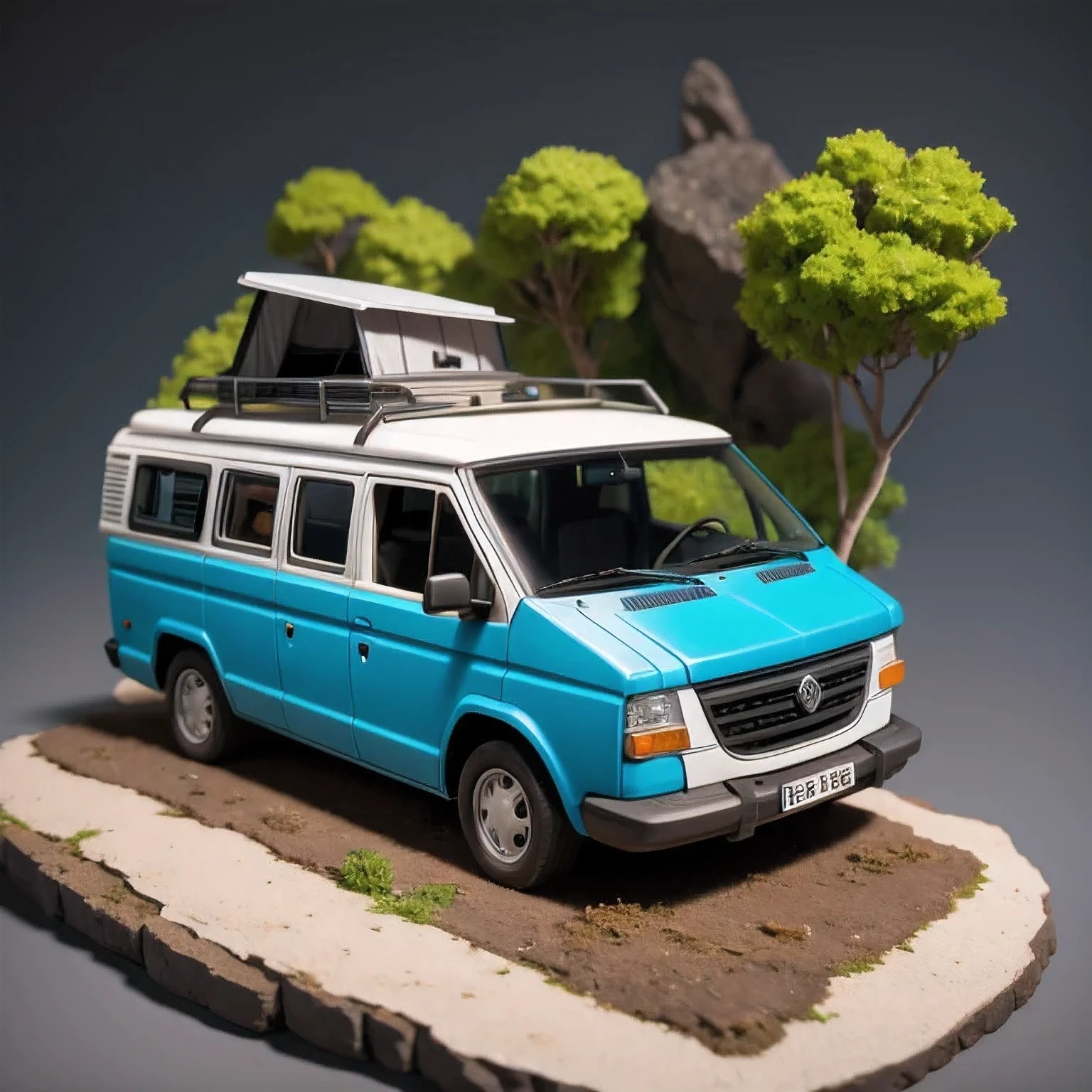 there is a small model of a camper van in a cave, stylized 3d render, 3d illustration, 3 d illustration, highly detailed diorama, 3 d low poly render, 3d low poly render, low poly 3 d, highly detailed sculpey diorama, lowpoly, low poly render, diorama model, low poly 3 d render, diorama