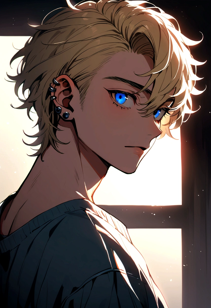 A handsome teenager boy with messy blond hair and a shaved side, blue eyes, piercings in his ears