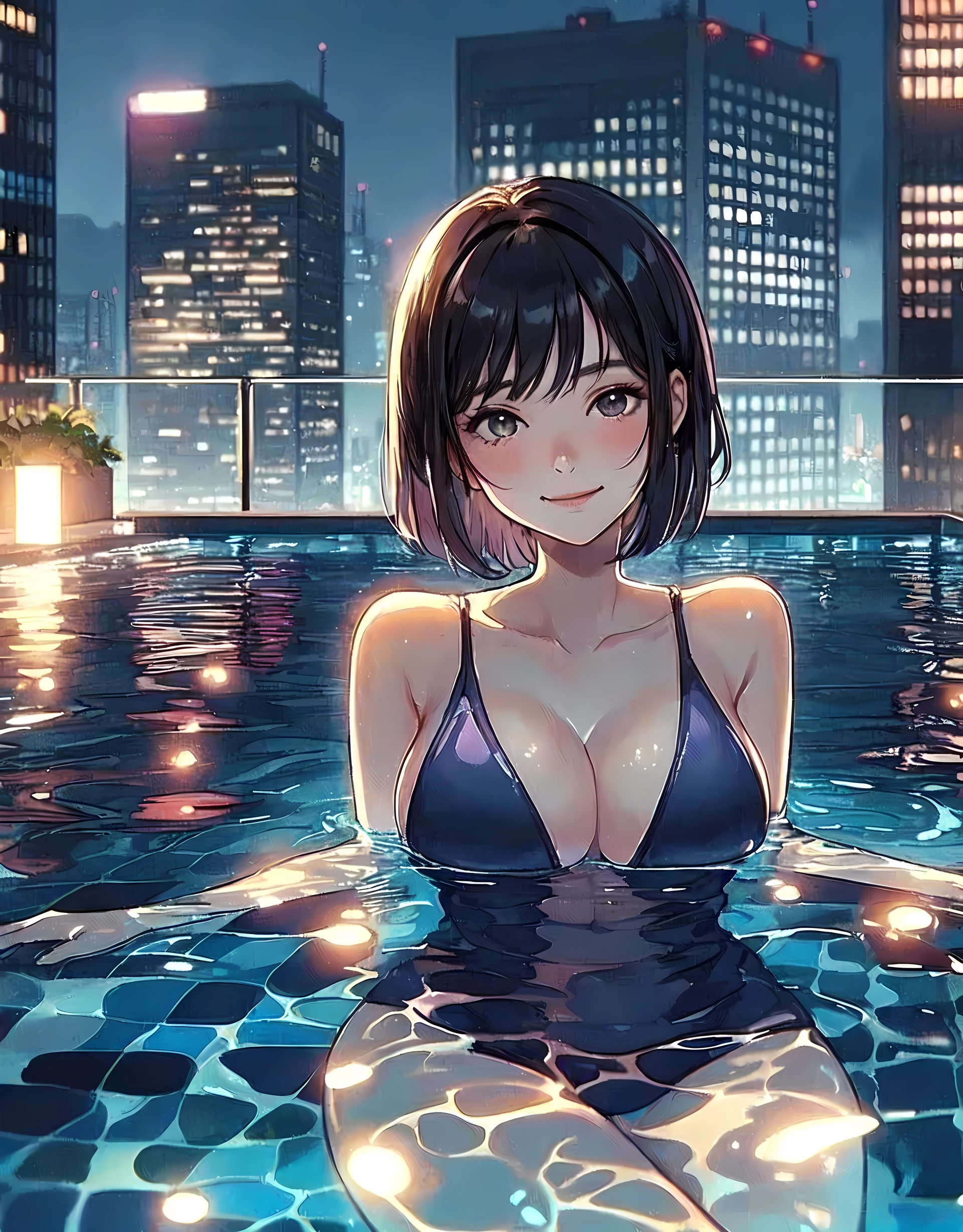 1lady solo, standing in pool, (fashionable swimsuit) stylish, (mature female:0.8), /(dark brown hair/) bangs, blush kind smile, (masterpiece best quality:1.2) delicate illustration ultra-detailed, large breasts, (upper body above water surface) BREAK ((water surface) reflecting soft glow), riffle ripple BREAK (moody night pool) outdoors, (pool on the rooftop of high-rise building), night, cityscape, detailed background
