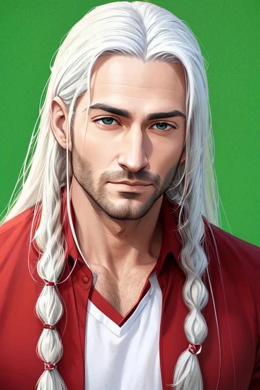 arafed man with long white hair back, white chin and red shirt, a hyper-realistic close-up art painting. man looking straight ahead, man with a green background behind, man looking at the camera