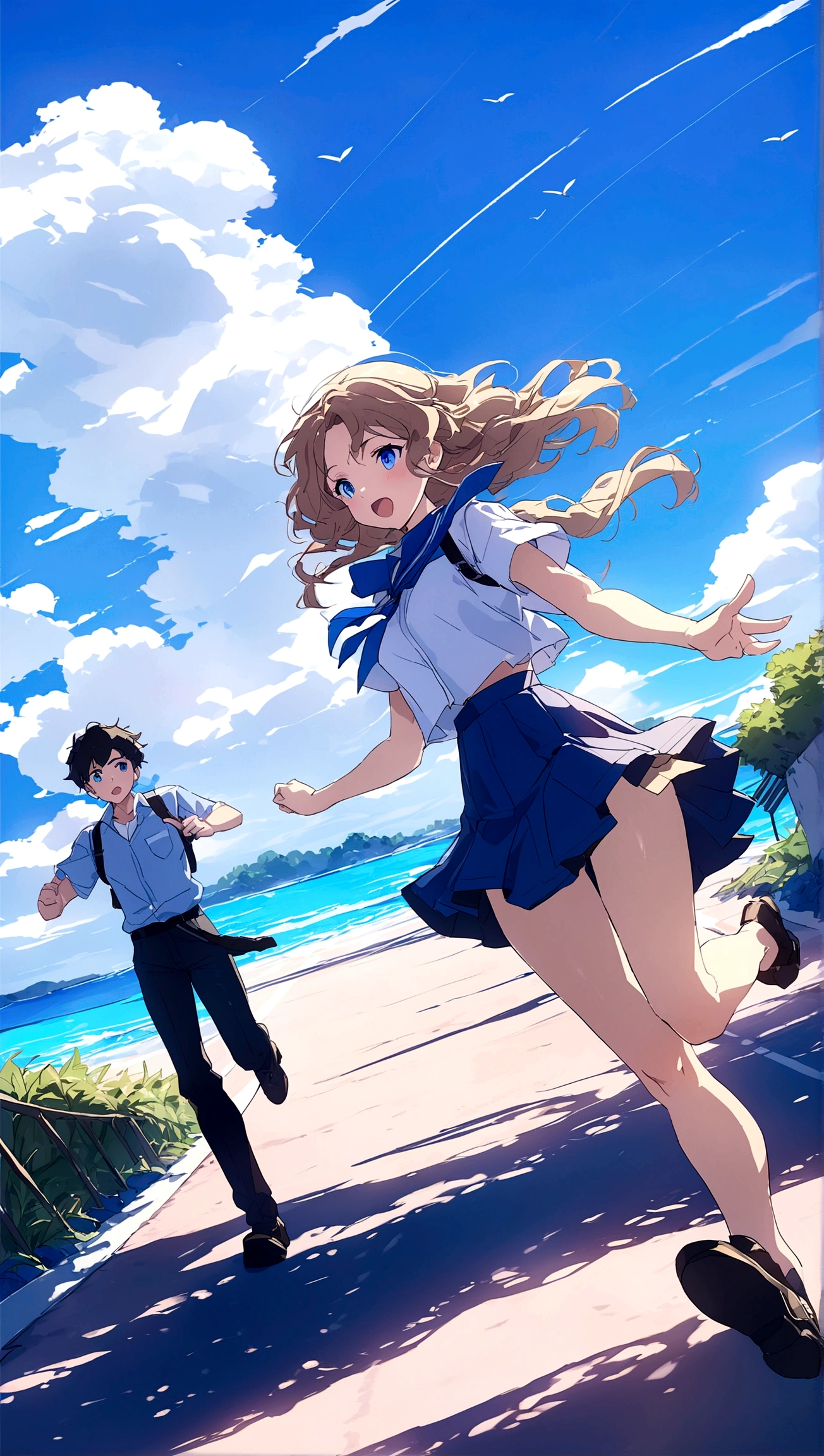 Masterpiece, top quality, 8k, super detailed, anime style, a high school girl in a uniform running ahead of a high school boy on a road leading to the sea. The sky is clear and blue, with bright summer sunlight illuminating the scene. The road and the ocean in the background create a sense of freedom and adventure.