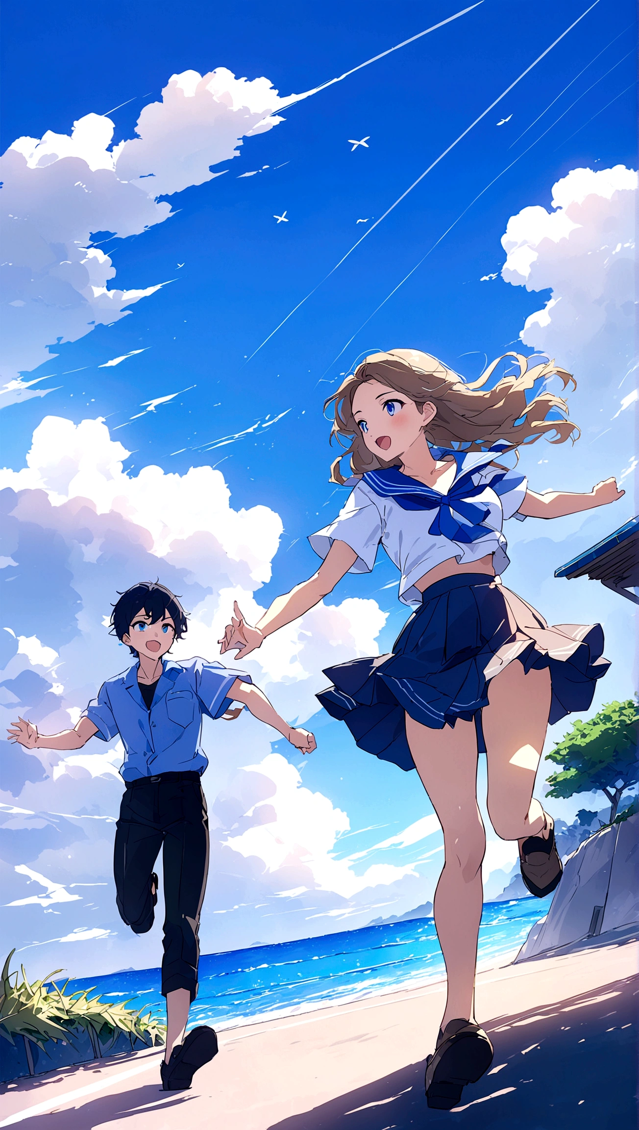 Masterpiece, top quality, 8k, super detailed, anime style, a high school girl in a uniform running ahead of a high school boy on a road leading to the sea. The sky is clear and blue, with bright summer sunlight illuminating the scene. The road and the ocean in the background create a sense of freedom and adventure.