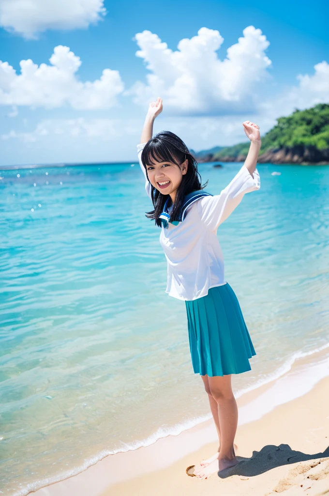 (((sunny day、Japanese、Beach、A strong wind is blowing、Her hair and skirt are flying、Crouch down, Scooping up seawater and spreading your hands、Traditional navy blue sailor uniform、White blouse、Pleated skirt、Playing in sea water:1.25、splash、Pour water on the camera、smile、Laughter、Sandy Beach、Light of the sun、clear blue sea、The waves crash quietly、blue sky with white clouds、green mountain、Beautiful Nature、The joy of youth)))、(((Top-down composition:1.33)))、(((8K、Highest quality、masterpiece、Ultra-high resolution)))、(Realistic:1.4)、RAW Photos、(Real skin texture:1.3)、(Film Grain:1.3)、((No underwear、Bend one leg))、One Girl、Beautiful and detailed eyes and face、barefoot
