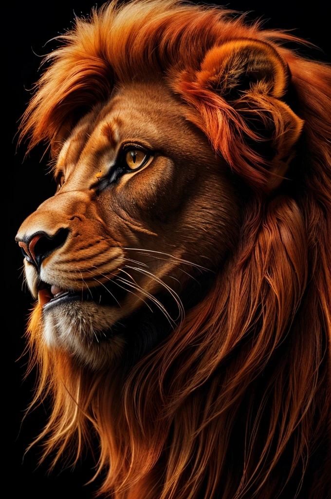 (high,realist,photorealistic:1.2), (Majestic red lion with fiery mane,loud and big roars), (oil painting,Hyper realistic), (Detailed muscles and hair.), (intense look),(dark background, contrasting colors), (Soft lighting with golden tones.)