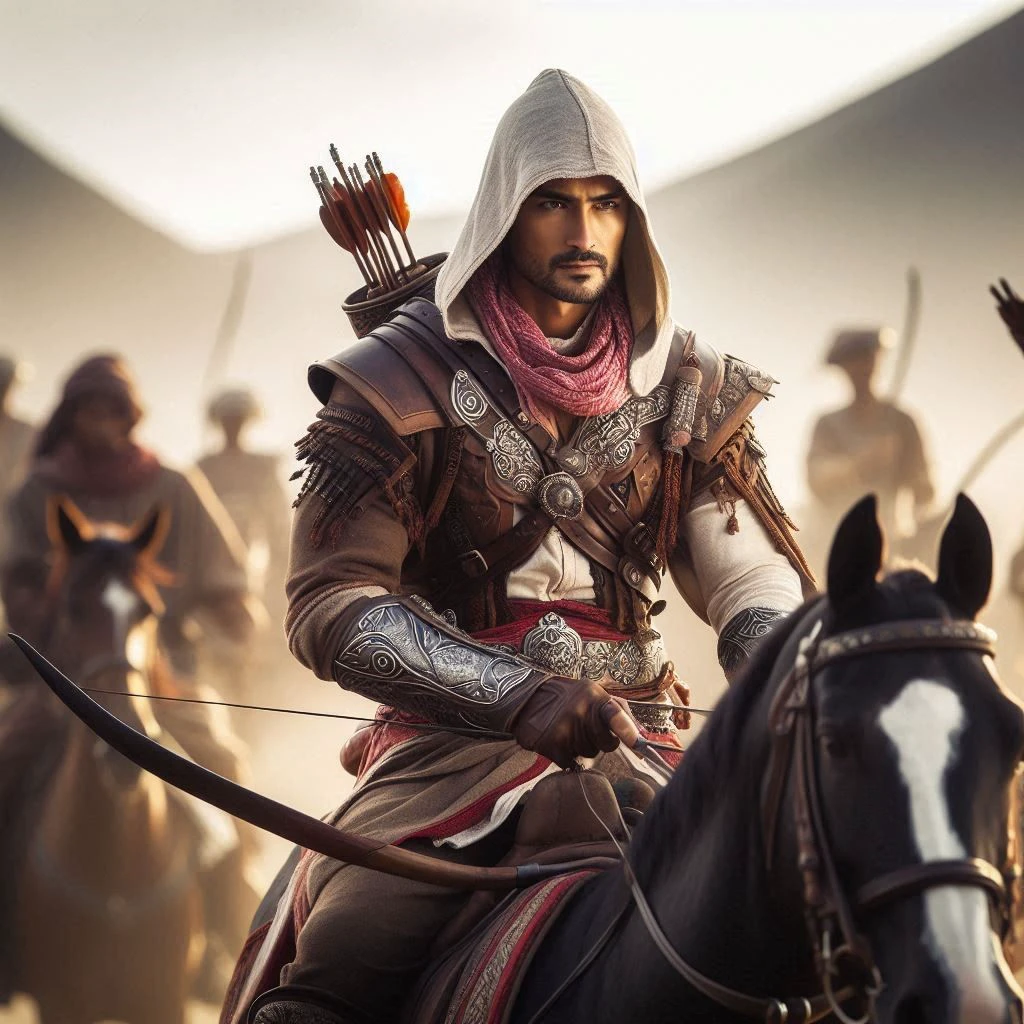 A 36-year-old Indonesian handsome man, looking to the viewer, reminiscent of Assassin's Creed, traditional ornaments, highly detailed, wielding bow and arrows, riding horse in a dessert with soldiers in the morning