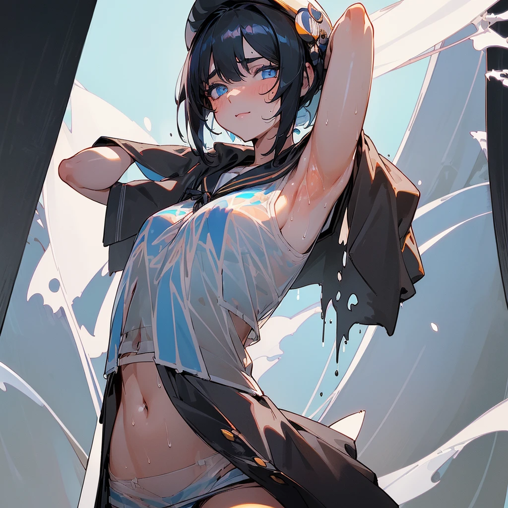 (ultra-detailliert), (1Girl:2.0), black Hair, (short Hair:1.7), (large tits:1.7), (glamorous:1.7), (perfect face:2.0), (ighly detailed face:2.0), (beatiful detailed Blue eyes:2.0), blush, Smile, (sweaty skin:1.6), cute, narrow eyes, (sailor Hat:1.5), (White sailor uniform:2.0), (ighly detailed), (put SuperLong General's Black coat over shoulder:2.0), (The coat flutters :1.9), (Black miniskirt:1.6), (white panties:1.2), (ighly detailed Navel:1.7), (Navel exposed clothes:1.7), (ighly detailed drenched clothes:1.7), (soaked:1.7), (see through panties:1.8), (see through uniform:1.8), (Arms up and behind head:2.0), (ighly detailed armpit:1.9), blue effect around it that resembles water and electricity, background starry sky and glowing green, (The best illustrations), (top-quality), (masterpiece:2.0), ((thick legs)), ((big thigh)),