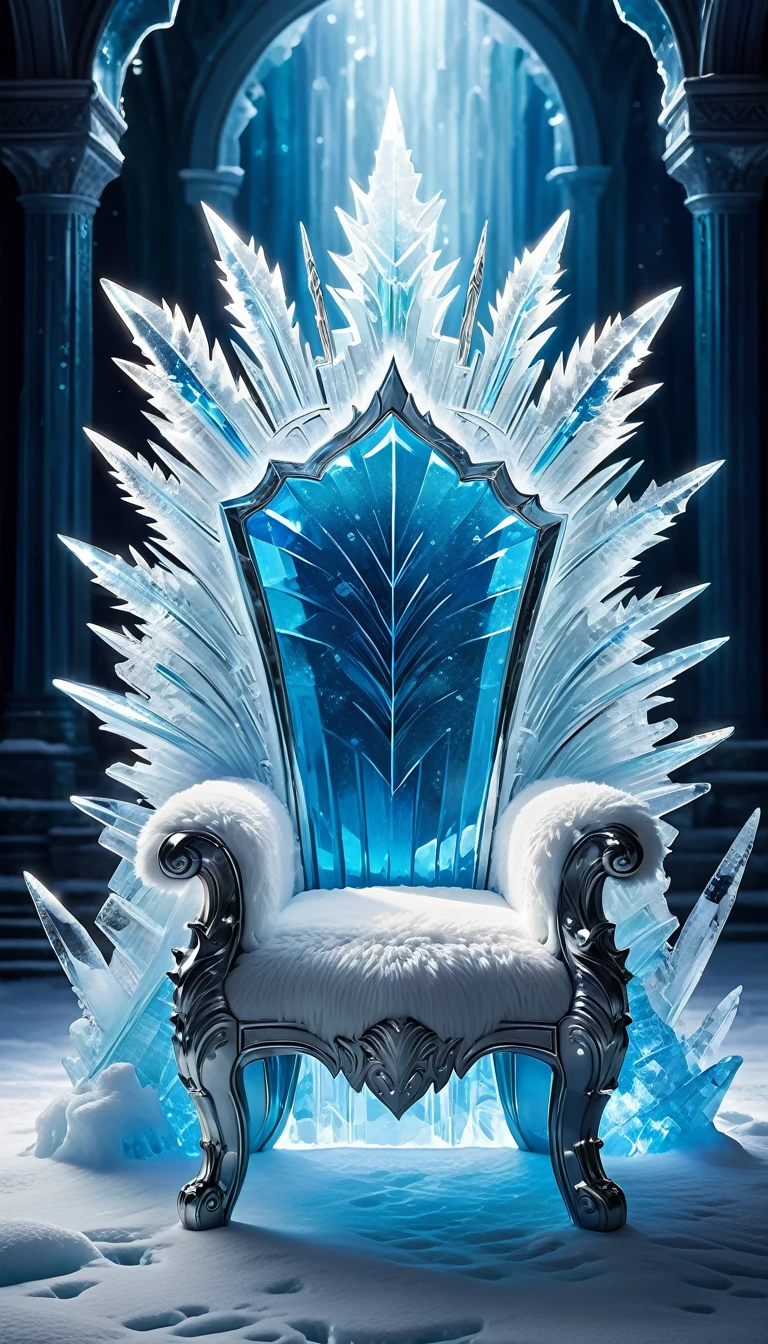 A chillingly beautiful throne crafted from glistening ice and crystal. The seat is lined with soft white fur for comfort, and the backrest is a towering, jagged iceberg. The armrests are sculpted to look like delicate icicles. The throne stands in an icy palace with walls of frost, glittering ice sculptures, and soft blue light reflecting off the frozen surfaces.