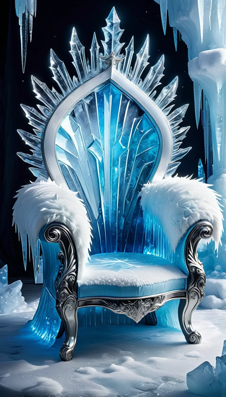 A chillingly beautiful throne crafted from glistening ice and crystal. The seat is lined with soft white fur for comfort, and the backrest is a towering, jagged iceberg. The armrests are sculpted to look like delicate icicles. The throne stands in an icy palace with walls of frost, glittering ice sculptures, and soft blue light reflecting off the frozen surfaces.