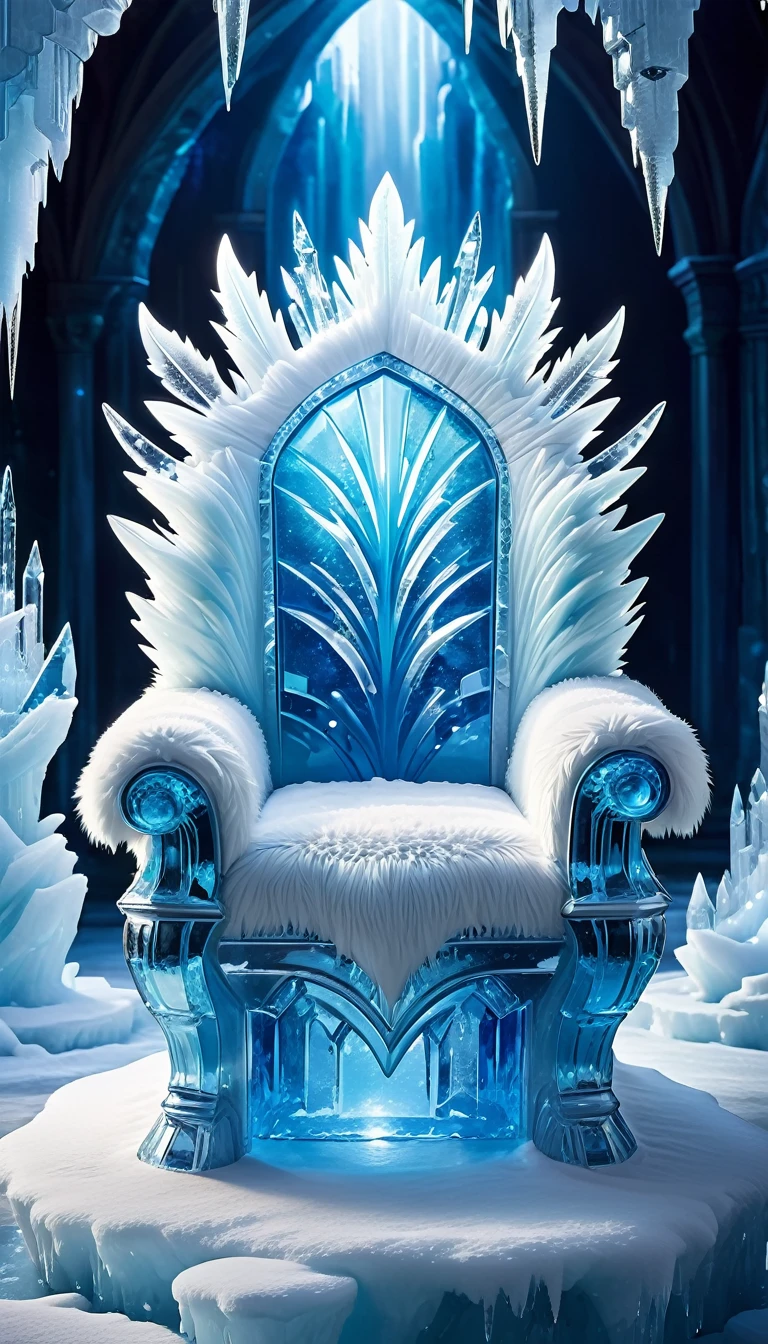 A chillingly beautiful throne crafted from glistening ice and crystal. The seat is lined with soft white fur for comfort, and the backrest is a towering, jagged iceberg. The armrests are sculpted to look like delicate icicles. The throne stands in an icy palace with walls of frost, glittering ice sculptures, and soft blue light reflecting off the frozen surfaces.
