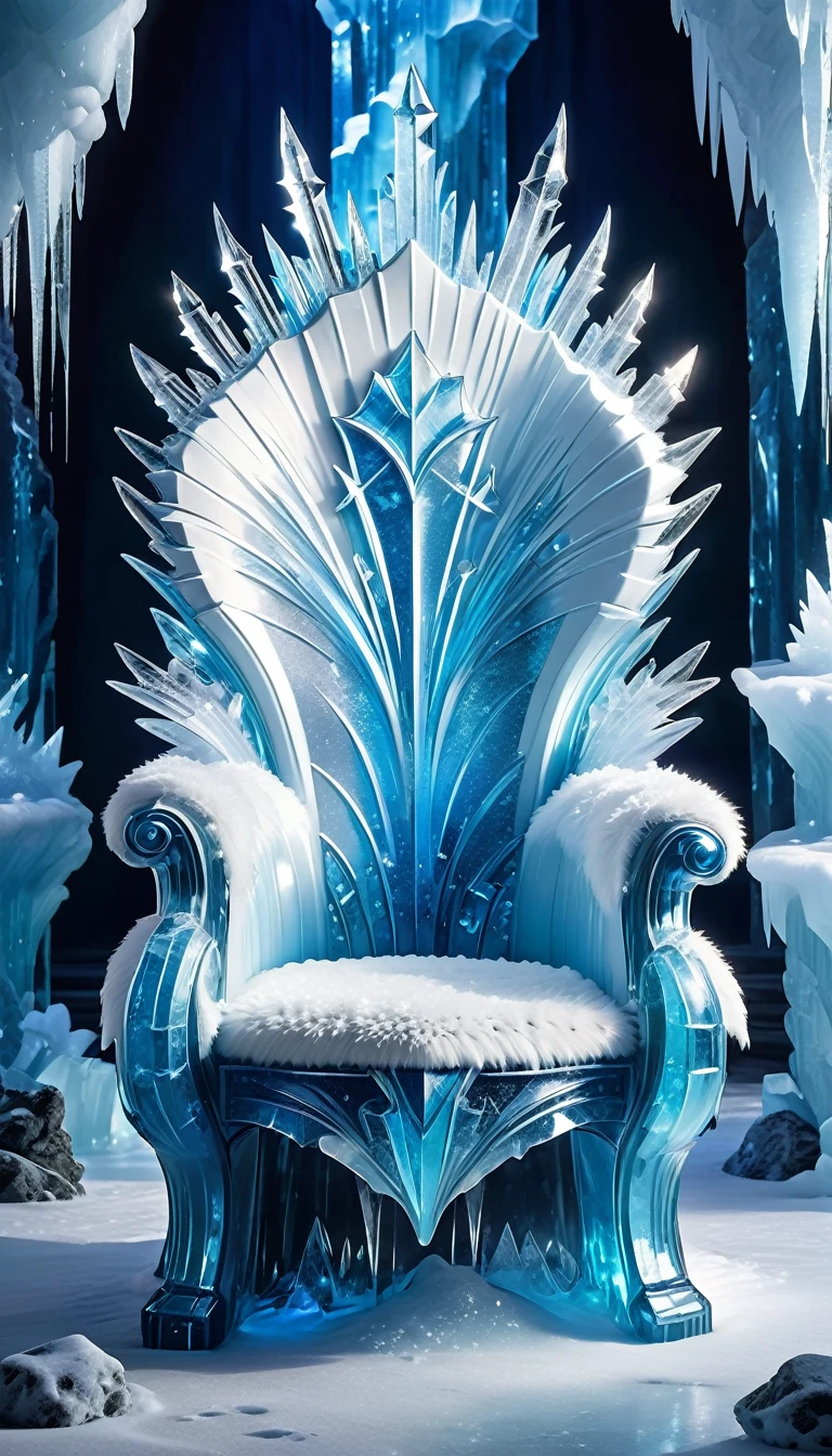 A chillingly beautiful throne crafted from glistening ice and crystal. The seat is lined with soft white fur for comfort, and the backrest is a towering, jagged iceberg. The armrests are sculpted to look like delicate icicles. The throne stands in an icy palace with walls of frost, glittering ice sculptures, and soft blue light reflecting off the frozen surfaces.