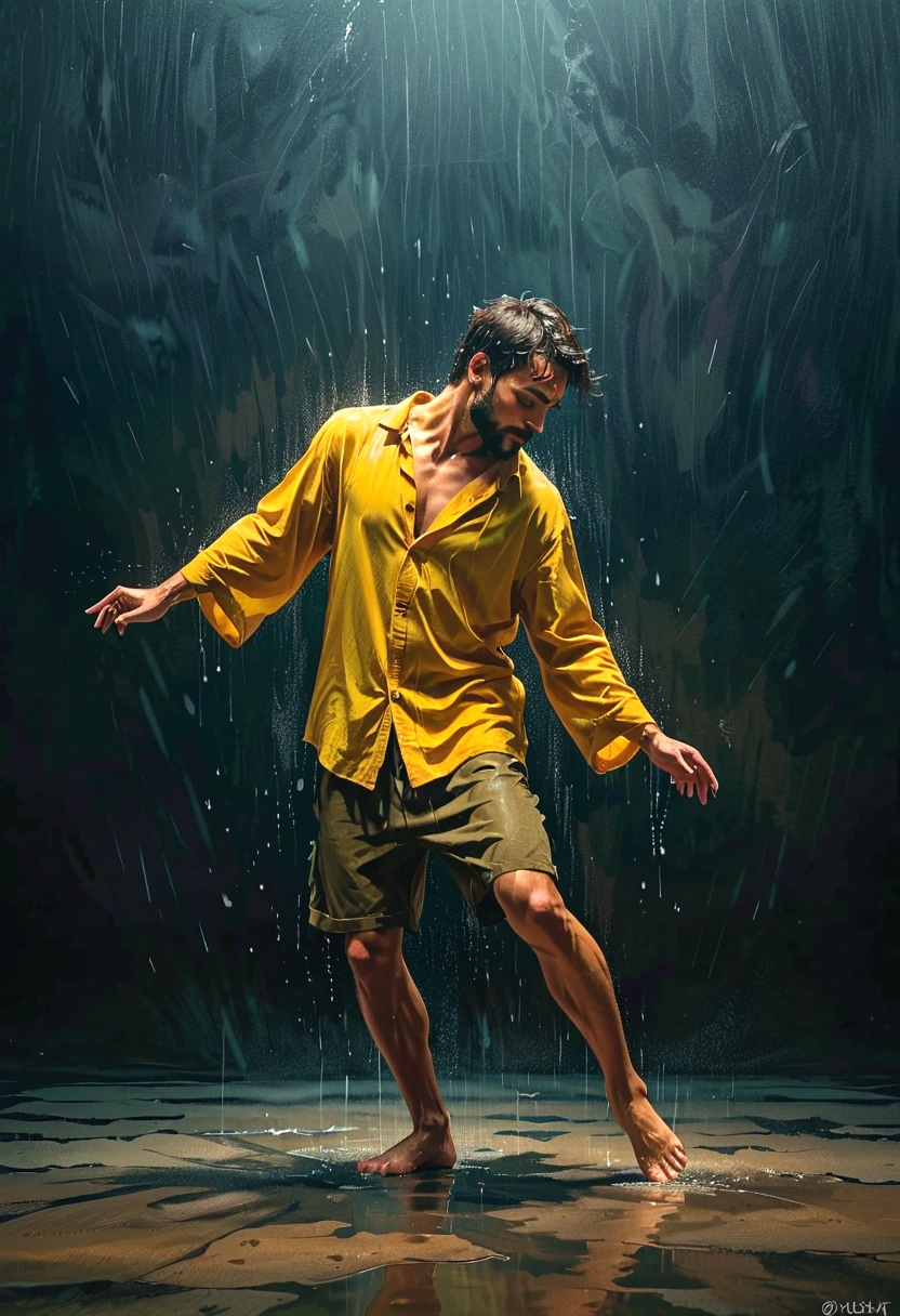 Soul Dancer Mark,heavy rain,A homeless man dancing alone in the rain,soul,Barefoot,Loose and worn clothes,Professional ballet movements,Leg lift,Very contagious,Splash,Light and Shadow,Minimalism,artistic conception,Clean background
