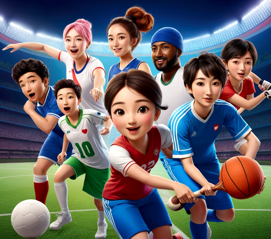 arafed image of a group of people playing different sports, sports setting, sport game, professional sports style, general, sports logo, sports mascot, sports, sports broadcast, sport, detailed illustration, sports photography, illustration detailed, computer - generated, games, sports team mascot, simple illustration, 🤬 🤮 💕 🎀