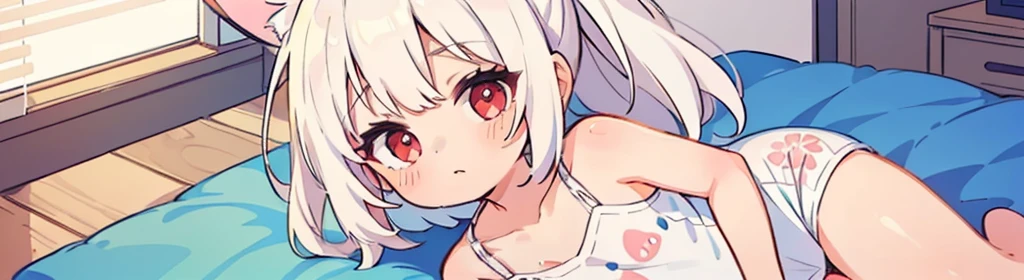 ((((1girl:1.5)))), white hair, red eyes, long hair, (collarbone:1.4), (animation style), (2d, chibi, cute, cute, small , big eyes), skin color white, think about something, background/(in the room ,modern pink girl's room, bed, Soft mood lighting), ((a single rose))