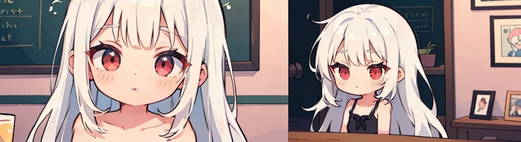 ((((1girl:1.5)))), white hair, red eyes, long hair, (collarbone:1.4), (animation style), (2d, chibi, cute, cute, small , big eyes), skin color white, think about something, background/(in the room ,modern pink girl's room, bed, Soft mood lighting), ((a single rose))