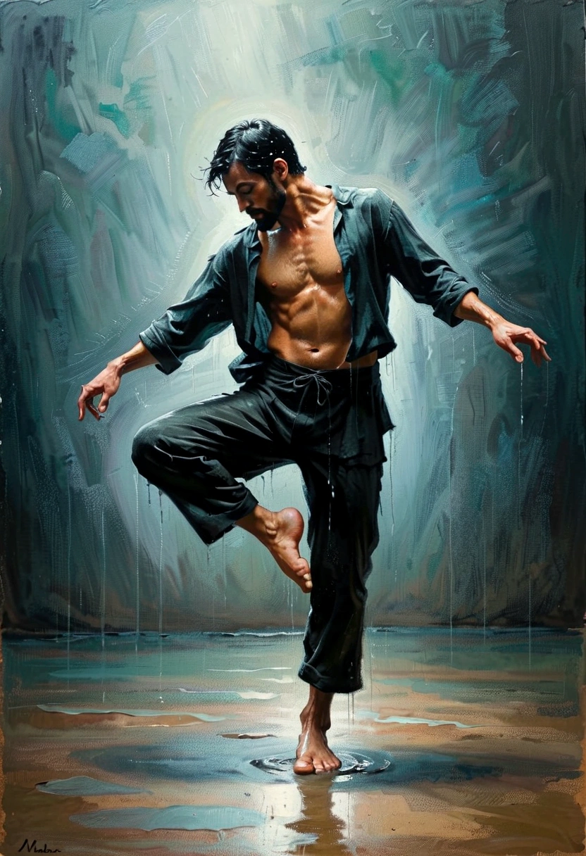Soul Dancer Mark,heavy rain,A homeless man dancing alone in the rain,soul,Barefoot,Loose and worn clothes,Professional ballet movements,Leg lift,Very contagious,Splash,Light and Shadow,Minimalism,artistic conception,Clean background