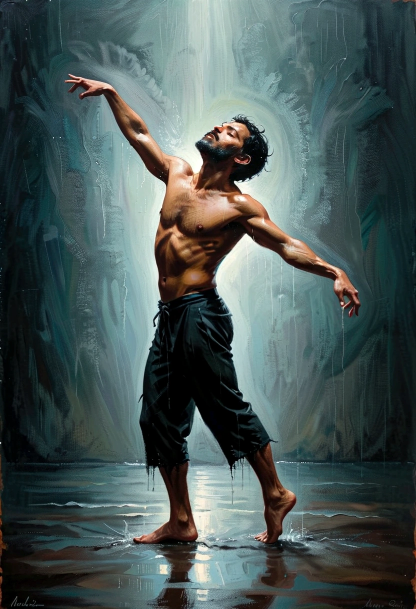 Soul Dancer Mark,heavy rain，A homeless man dancing alone in the rain，soul，Barefoot，Loose and worn clothes，Professional ballet movements，Leg lift，Very contagious，Splash，Light and Shadow，Minimalism，artistic conception，Clean background