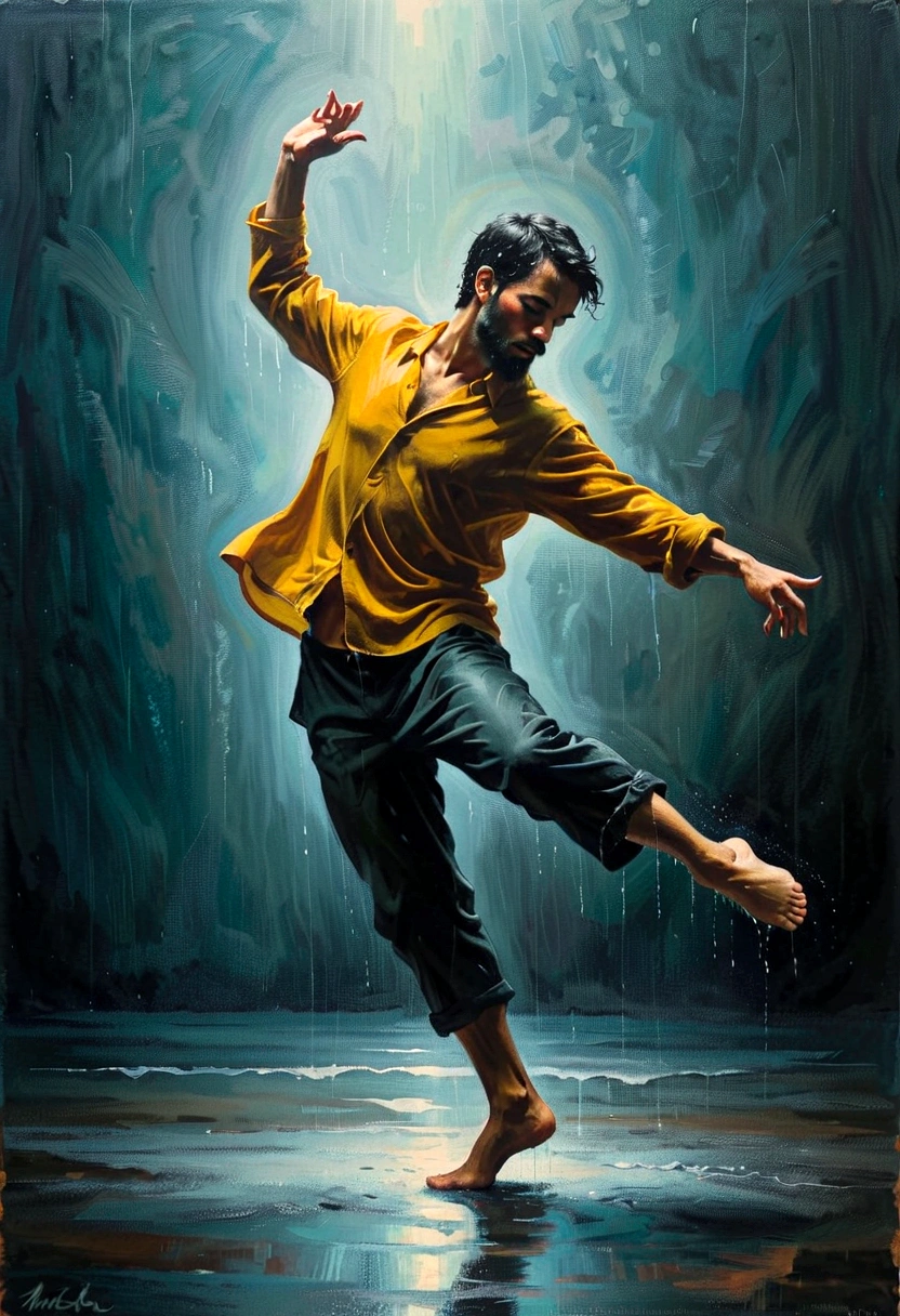 Soul Dancer Mark,heavy rain,A homeless man dancing alone in the rain,soul,Barefoot,Loose and worn clothes,Professional ballet movements,Leg lift,Very contagious,Splash,Light and Shadow,Minimalism,artistic conception,Clean background