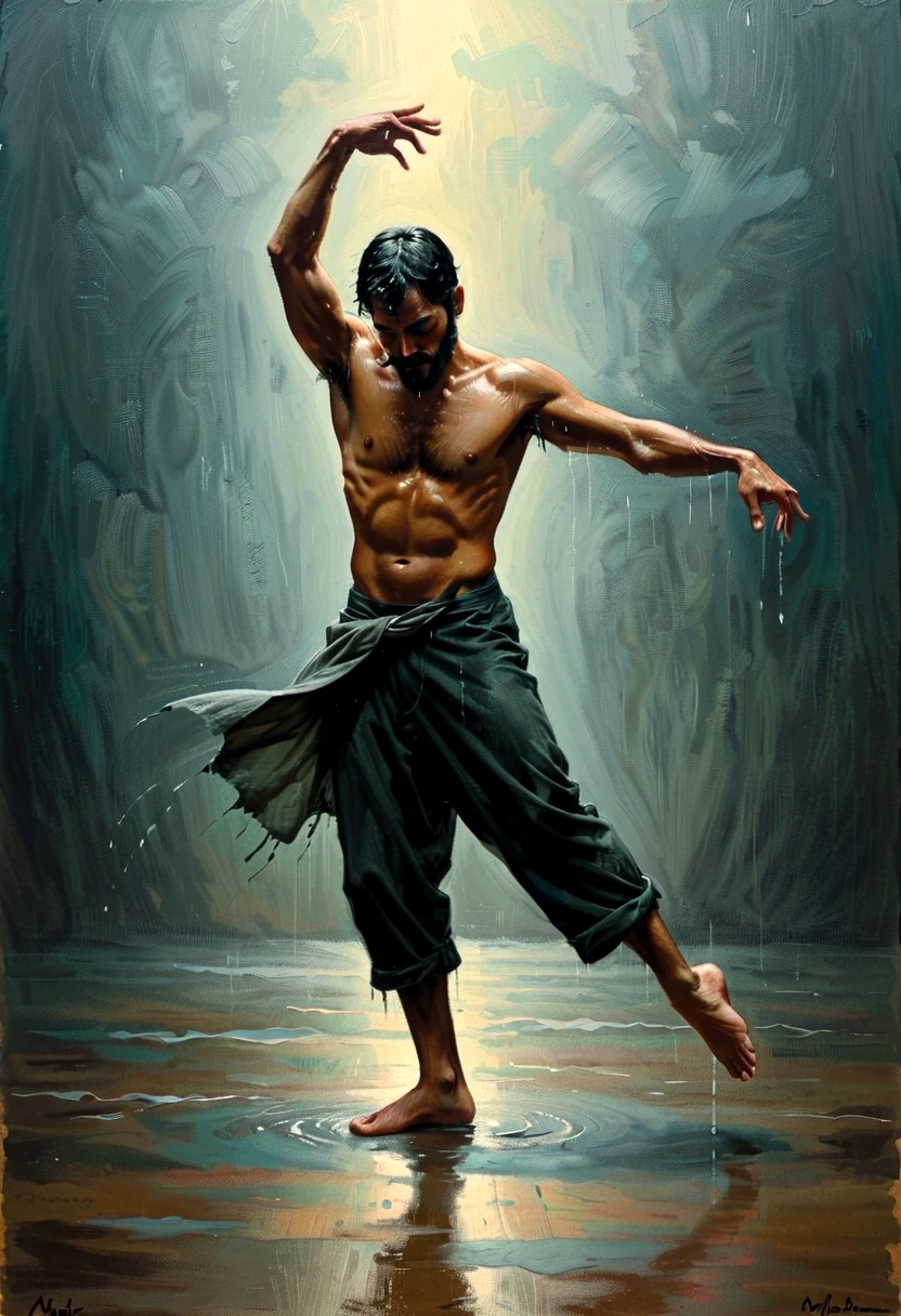 Soul Dancer Mark,heavy rain,A homeless man dancing alone in the rain,soul,Barefoot,Loose and worn clothes,Professional ballet movements,Leg lift,Very contagious,Splash,Light and Shadow,Minimalism,artistic conception,Clean background