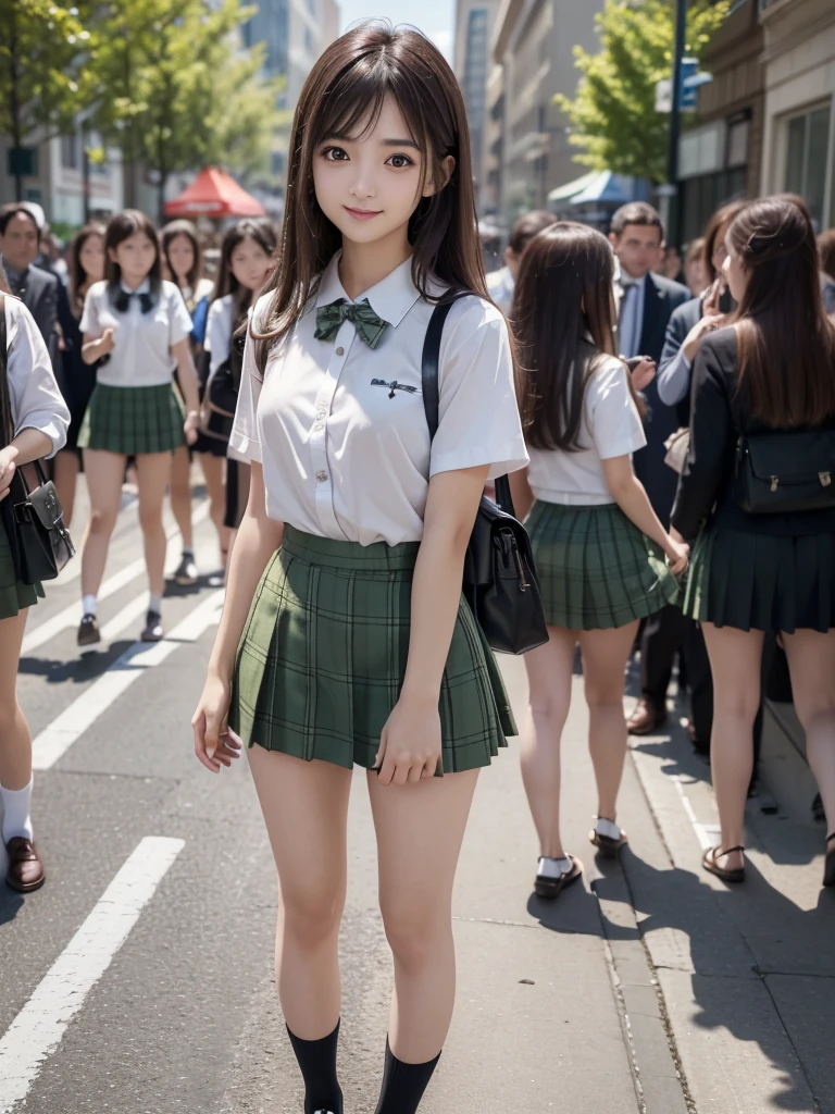 (8K, RAW Photos, Highest quality, masterpiece:1.2), (Realistic, photo-Realistic:1.4), (extremely detailed 8K wallpaper), ((Full Body Shot)), (((1 girl))), Sharp focus, Depth of written boundary, Cinematic lighting, Soft Light, (緻密な美しさのeye, eye_Chan, Very beautiful  girl, innocent big eyes, Realistic, photo Realistic, Highly detailed cute girl, (Thin thighs), (Model Body Type), (Brown Hair), (Long Bob Hair), (Asymmetrical bangs), ((A happy smile)), Glowing Skin, Ultra-dense skin ,High resolution, High Detail, Detailed hairstyle, Detailed facial beauty, hyper Realistic, Perfect limbs, Perfect Anatomy, Perfect female body, (school uniform:1.3),(Mini Skirt Green Checkered Micro Mini Skirt), Watching the audience, (Crowded city street:1.3)