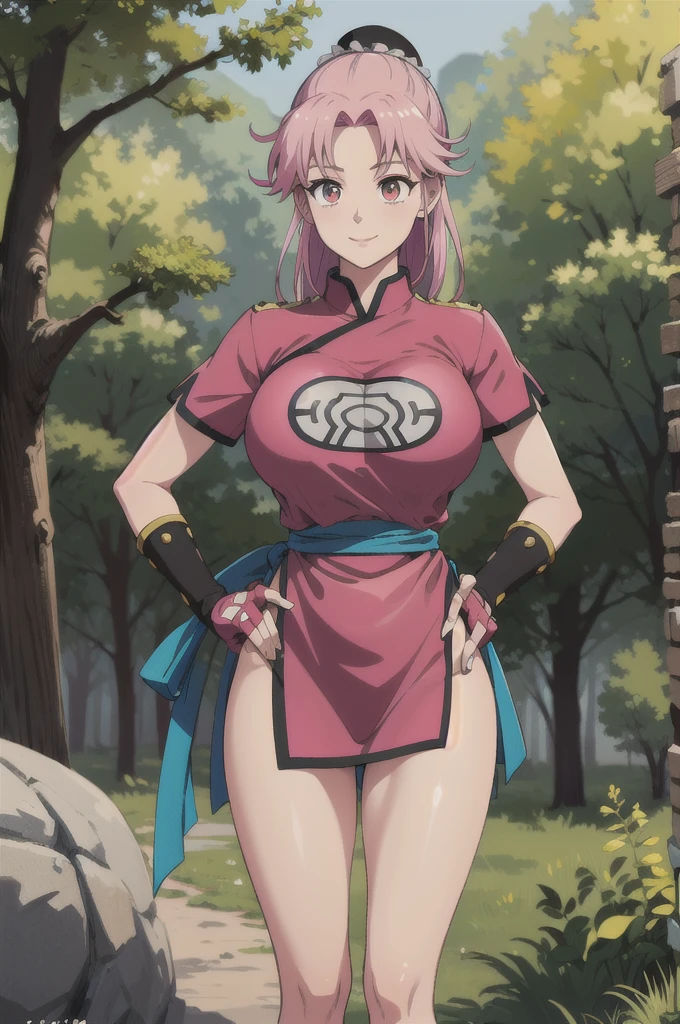 maam,big breasts,beautifuleyes,narrow waist,realistic,solo,outdoor,forest, martialMaam,pink hair,hair bun,long hair,china dress,short sleeves,sash,fingerless gloves,beautiful legs,(hands on hips, looking away) smile