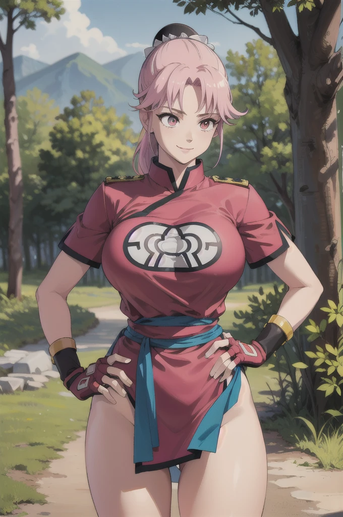 maam,big breasts,beautifuleyes,narrow waist,realistic,solo,outdoor,forest, martialMaam,pink hair,hair bun,long hair,china dress,short sleeves,sash,fingerless gloves,beautiful legs,(hands on hips, looking away) smile 