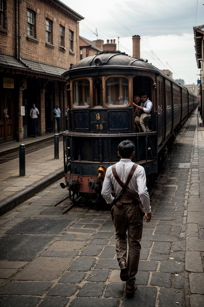 a group of Indian boys running behind a train on late 18th-century England streets:
Appearance: The boys are dressed in white shirts with sleeves rolled up slightly, wearing suspenders belts and peaky hats. Each boy has a look of excitement and determination on their faces.
Setting: The scene is set on the cobblestone streets of late 18th-century England. The train, partially visible and in motion, runs alongside the street, with elements like period-appropriate buildings, gas lamps, and market stalls in the background.
Action: The boys are captured mid-run, chasing the moving train with expressions of excitement and determination.
Background: The background includes historical elements such as Georgian or early Victorian architecture, gas lamps, and other street elements typical of late 18th-century England.
Perspective: A side view or slightly angled perspective that captures both the boys and the moving train, highlighting the energy and urgency of their movement through the cobbled streets.