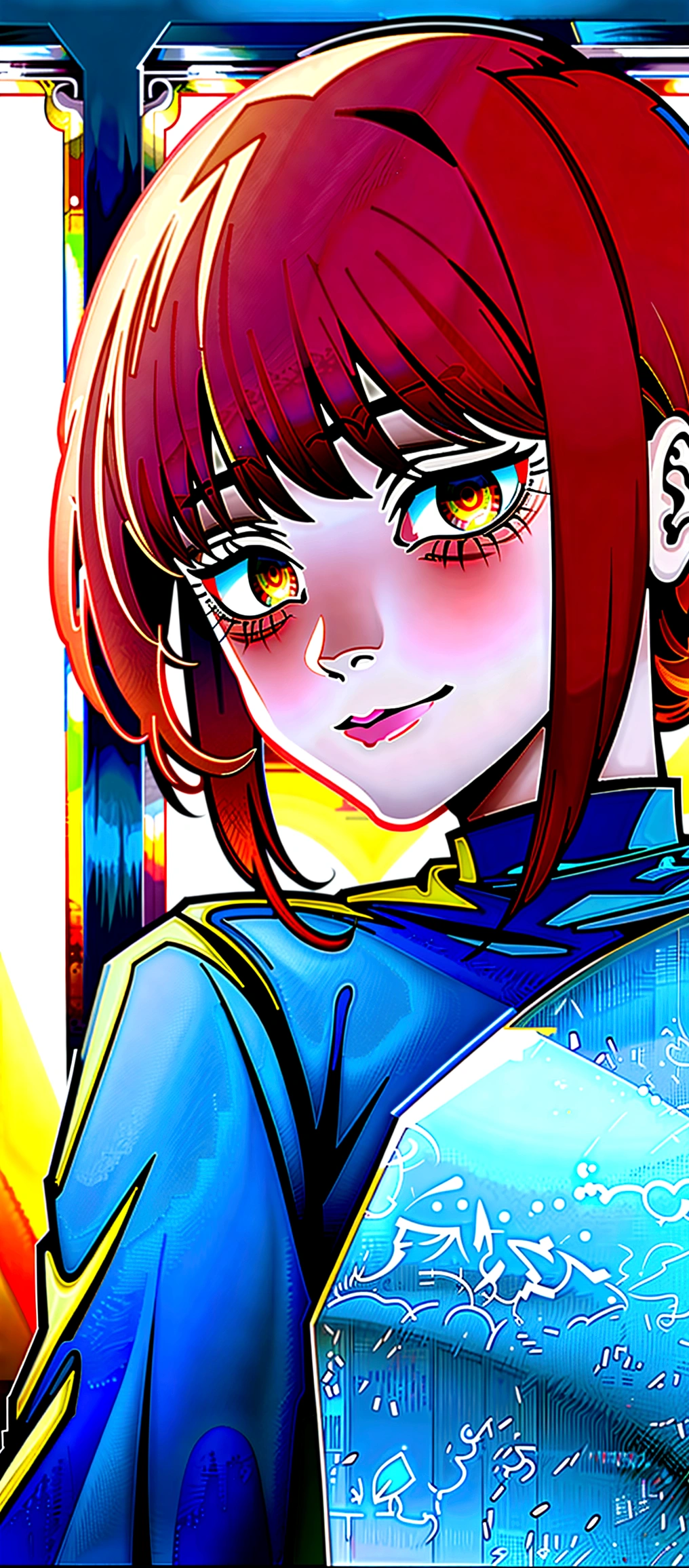 (Masterpiece:1.2, Best Quality), anime ( intricate details), 1 right, Alone, Upper part of the body, Casual, wide, pale, Natural fabrics, closeup face, evil smile,bright Eyes,circular pupils,